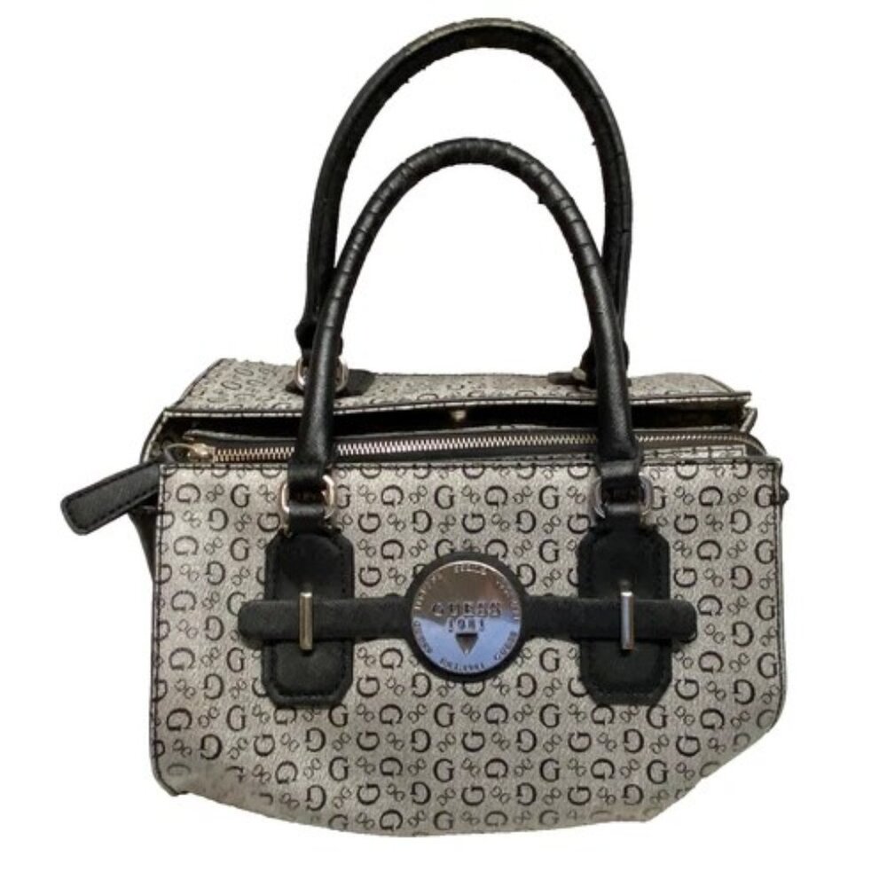 GUESS Slouchy Satchel Black Grey Signature Women's Oversized Shoulder Bag (Read)